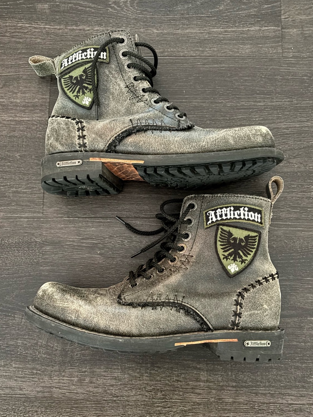 Y2K Affliction Men's Distressed Combat Boots Size 8